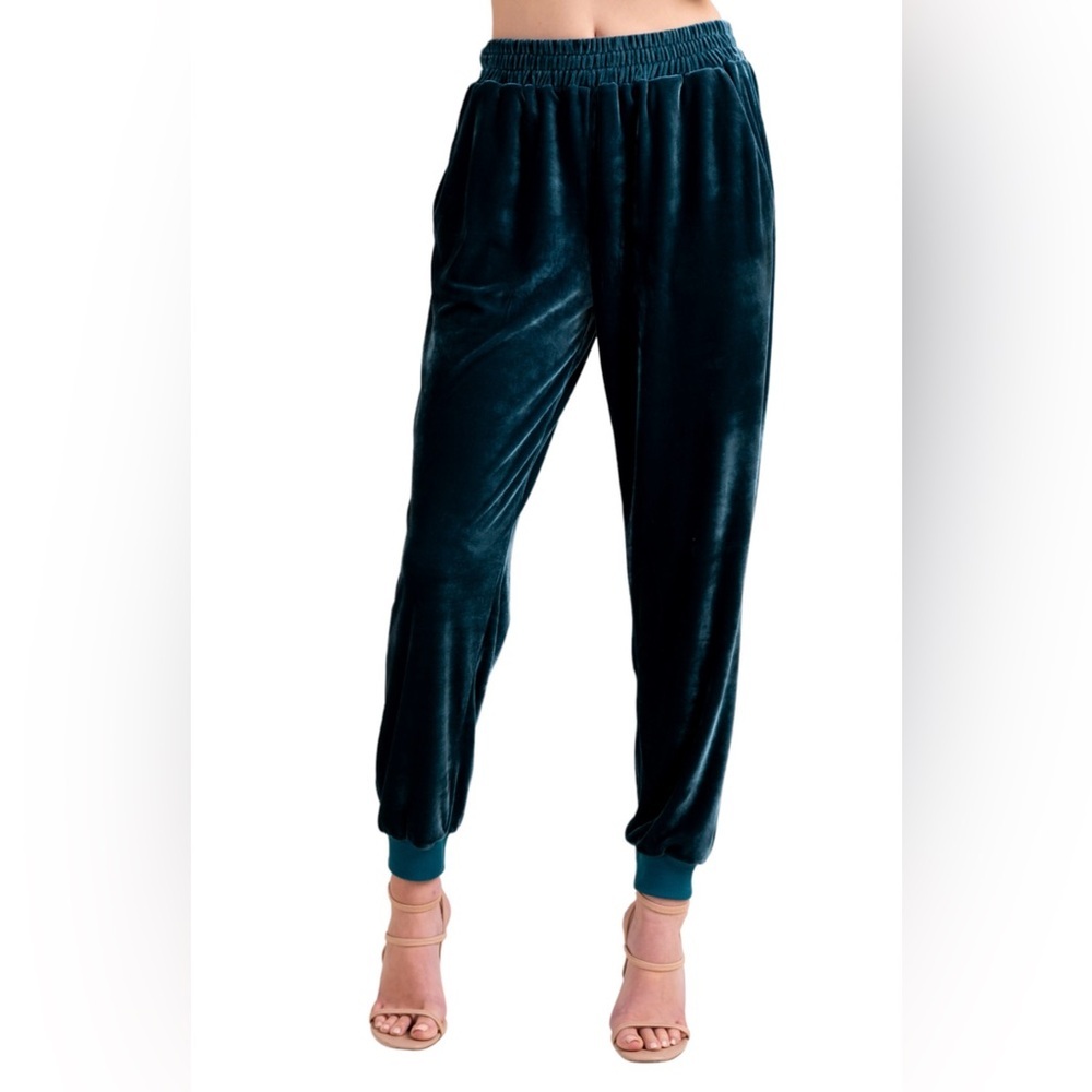 Boutique S’Edge Reagan Luxe Velvet Joggers In‎ Jewel Teal Lounge Athleisure